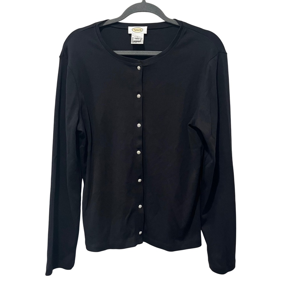 Vintage Talbots Cardigan Womens Large Black Rhinestone Button Pima Cotton Preppy